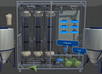 Digital Twin representation of CASFER’s ion exchange testbed, showing live visualization of pump activity, flow rates, pressure, and temperature data 
