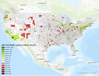 Map of heavy-duty vehicle net health impacts across the United States.