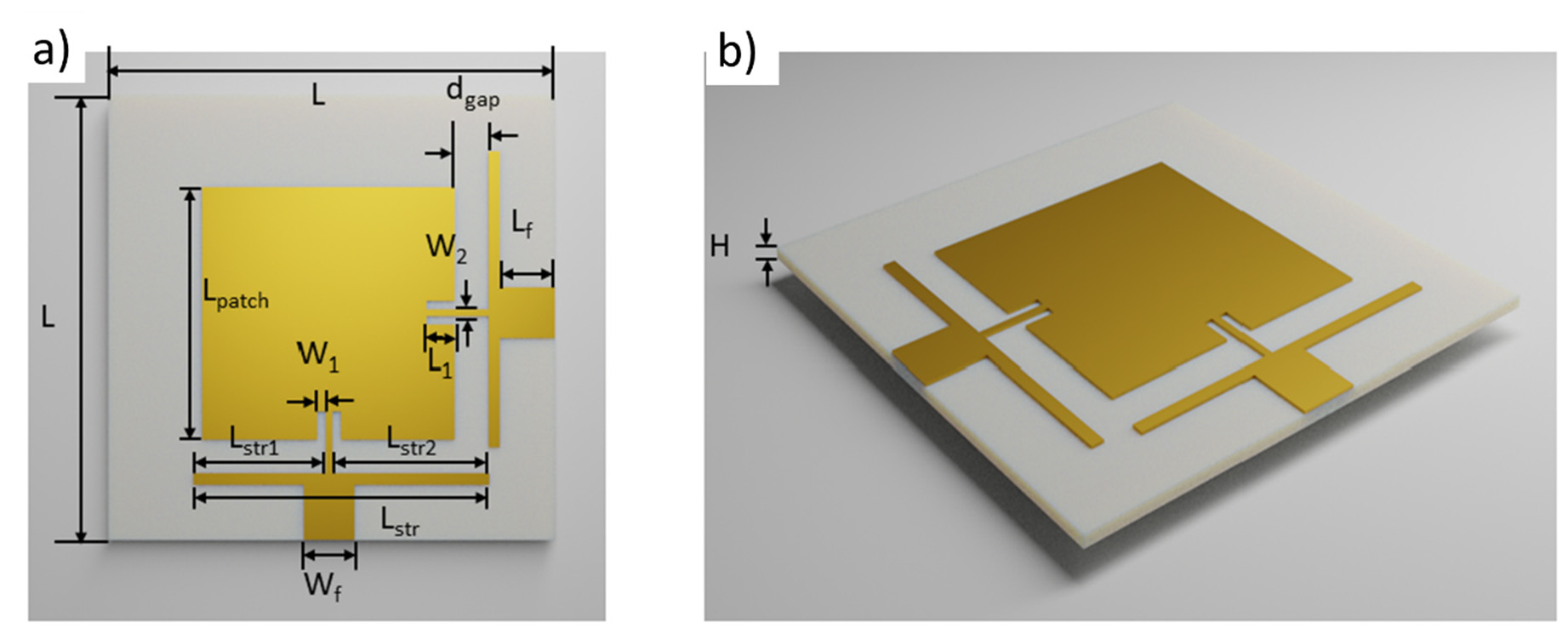 Figure a: Antenna schematic; Figure b: Antenna prototype