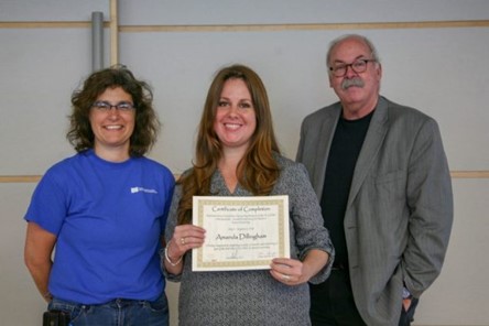 Figure 1. (Left to right) Helen Fawcett, CELL-MET student engagement director; Amanda Dillingham, East Boston High School science director; and David Bishop, CELL-MET director.