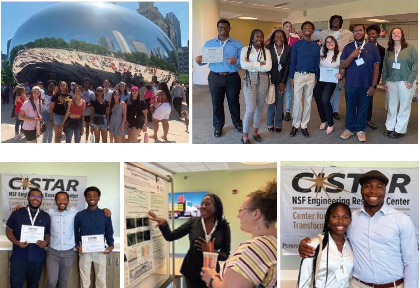 CISTAR REM students (upper left) on a field trip in Chicago with the CISTAR REU students;  together (upper right) on their final day after successfully presenting their posters to the CISTAR faculty, 