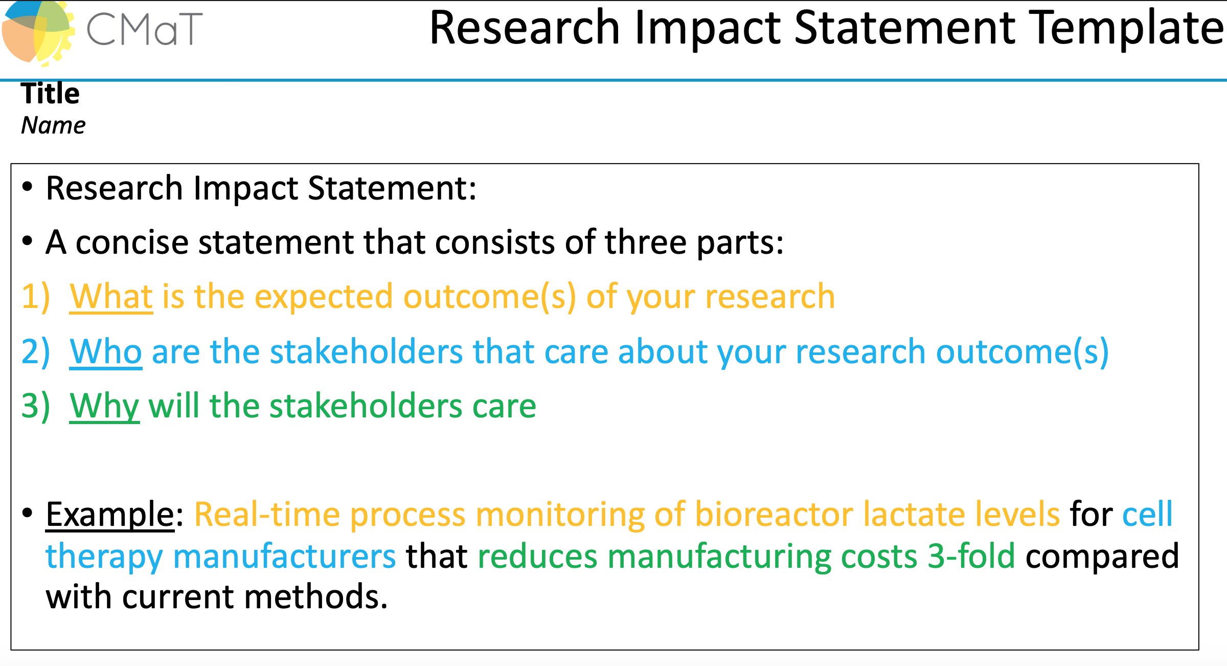 During the Ideas2Impact Bootcamp, CMaT provided trainees with a color-coded Research Impact Statement Template to facilitate clearer communication of research value to industry