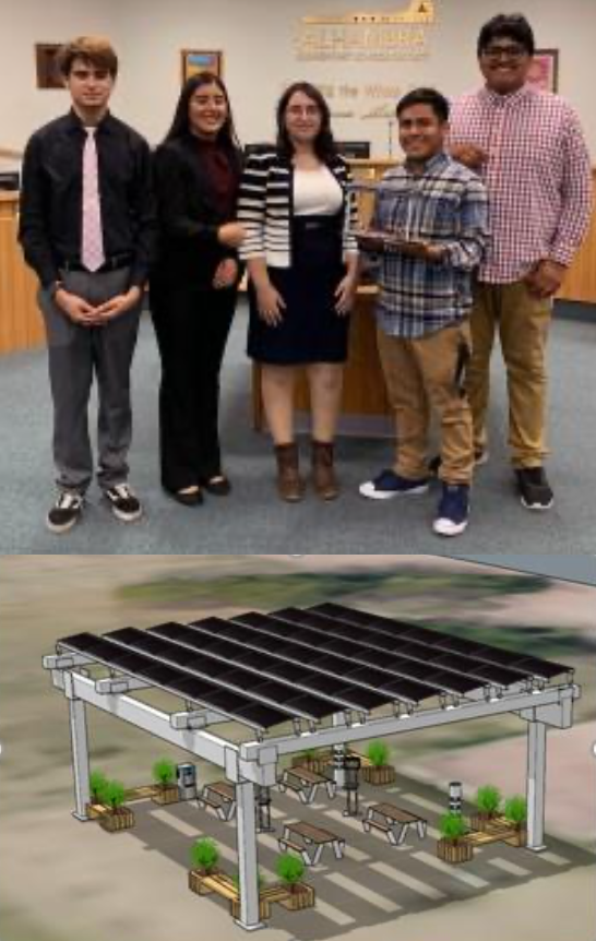 The QESST Youth Scholars team, Solar4Students (top); the Solar Pavilion and outdoor learning space design for Barcelona Elementary School (bottom).